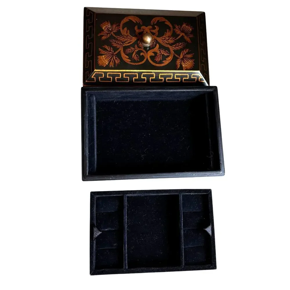 Ornate wooden jewelry box lift ff lid velvet tray black brown gold lacquer